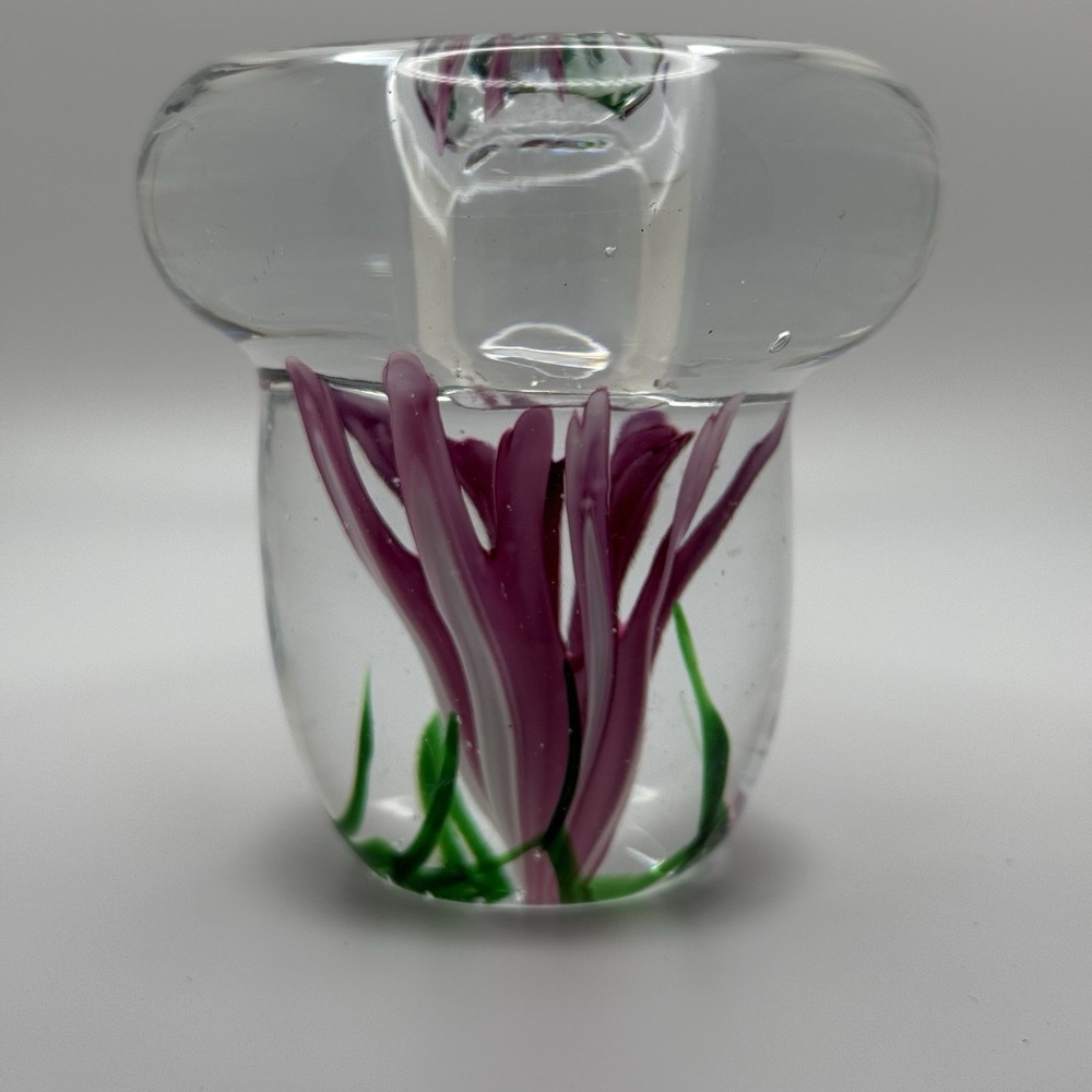 Dynasty Gallery Art Glass Paperweight Purple Flower Encased Heirloom Collectible